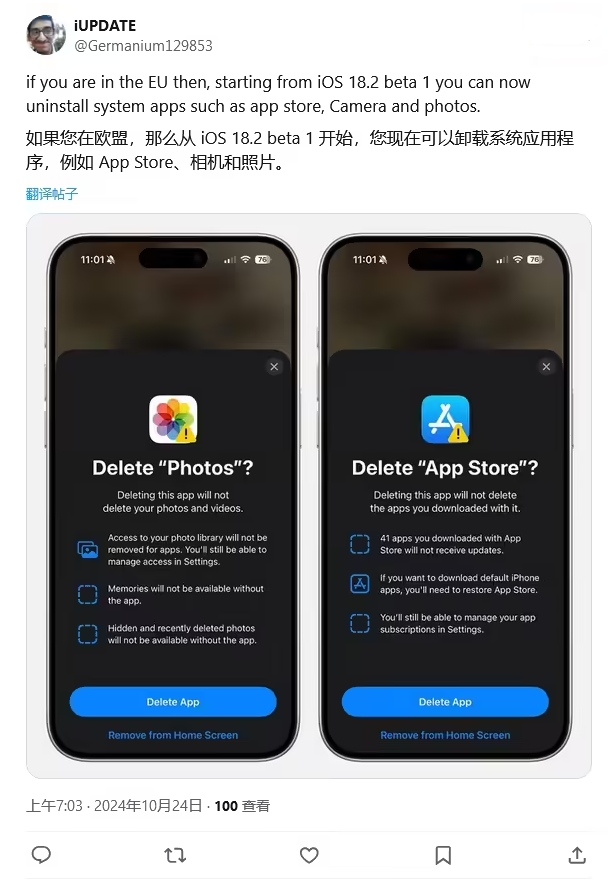 大洼苹果手机维修分享iOS 18.2 支持删除 App Store 应用商店 