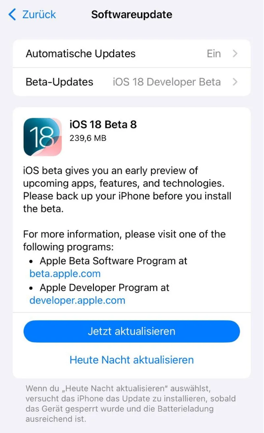 大洼苹果手机维修分享苹果 iOS / iPadOS 18 开发者预览版 Beta 8 发布 